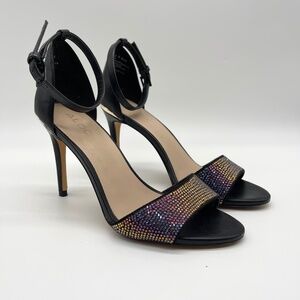 Aldo Women’s Black Ankle Strap Heels Size 6.5M Rhinestone Open Toe Stiletto Sa
